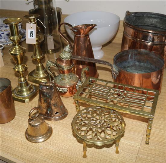 A brass oil lamp with white glass shade and sundry decorative copper and brass items